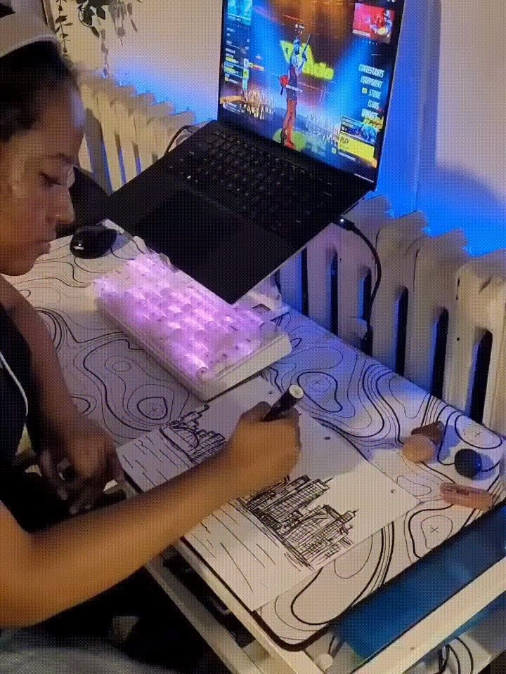 Animated illustration of a woman working with graphics and digital design tools